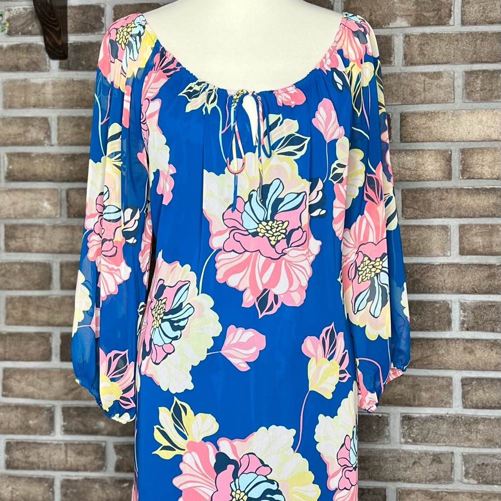 Eva Mendes Size Medium Blue Floral Dress with sheer balloon sleeves